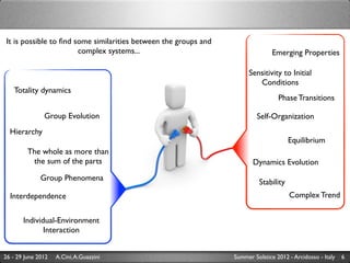 It is possible to ﬁnd some similarities between the groups and
                       complex systems...                                       Emerging Properties

                                                                      Sensitivity to Initial
                                                                         Conditions
   Totality dynamics
                                                                                  Phase Transitions

               Group Evolution                                            Self-Organization
  Hierarchy
                                                                                      Equilibrium
         The whole as more than
          the sum of the parts                                          Dynamics Evolution
              Group Phenomena                                             Stability
  Interdependence                                                                     Complex Trend


       Individual-Environment
              Interaction


26 - 29 June 2012   A.Cini, A.Guazzini                           Summer Solstice 2012 - Arcidosso - Italy   6
 
