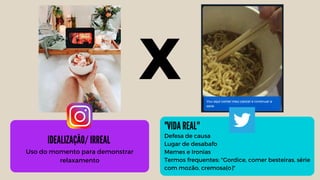 IDEALIZAÇÃO/ IRREAL
Uso do momento para demonstrar
relaxamento
Defesa de causa
Lugar de desabafo
Memes e Ironias
Termos frequentes: "Gordice, comer besteiras, série
com mozão, cremosa(o)"
"VIDA REAL''
X
 