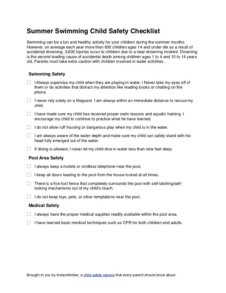 Summer Swimming Child Safety Checklist