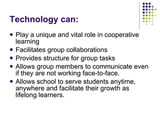 Technology can: Play a unique and vital role in cooperative learning Facilitates group collaborations Provides structure for group tasks Allows group members to communicate even if they are not working face-to-face. Allows school to serve students anytime, anywhere and facilitate their growth as lifelong learners. 