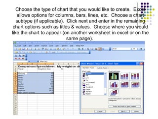 Choose the type of chart that you would like to create.  Excel allows options for columns, bars, lines, etc.  Choose a chart subtype (if applicable).  Click next and enter in the remaining chart options such as titles & values.  Choose where you would like the chart to appear (on another worksheet in excel or on the same page).  