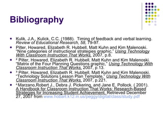 Bibliography Kulik, J.A., Kulick, C.C. (1988).  Timing of feedback and verbal learning.  Review of Educational Research, 58,  79-97 . Pilter, Howared, Elizabeth R. Hubbell, Matt Kuhn and Kim Malenoski. “Nine categories of instructional strategies graphic,”  Using Technology With Classroom Instruction That Works,  2007, p.8. ² Pilter, Howared, Elizabeth R. Hubbell, Matt Kuhn and Kim Malenoski. “Matrix of the Four Planning Questions graphic,”  Using Technology With Classroom Instruction That Works,  2007, p.13. ³ Pilter, Howared, Elizabeth R. Hubbell, Matt Kuhn and Kim Malenoski. “Technology Solutions Lesson Plan Template,”  Using Technology With Classroom Instruction That Works,  2007, p.221. 4   Marzano,Robert J., Debra J. Pickering, and Jane E. Pollock. ( 2001).  A Handbook for Classroom Instruction That Works: Research-Based Strategies for Increasing Student Achievement.  Retrieved December 27, 2007 from  www.hobart.k12.in.us/peggy/digital/class/study.pdf 