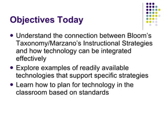 Objectives Today Understand the connection between Bloom’s Taxonomy/Marzano’s Instructional Strategies and how technology can be integrated effectively Explore examples of readily available technologies that support specific strategies Learn how to plan for technology in the classroom based on standards 