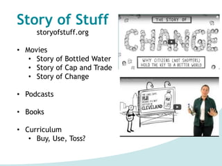 Story of Stuff
storyofstuff.org
• Movies
• Story of Bottled Water
• Story of Cap and Trade
• Story of Change
• Podcasts
• Books
• Curriculum
• Buy, Use, Toss?
 