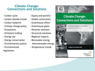 Climate Change:
Connections and Solutions
- Equity and poverty
- Global connections
- Greenhouse effect
- Greenhouse gases
- Personal solutions
- Structural solutions
- Regional impacts
- Renewable energy
- Nonrenewable energy
- Temperature trends
- Carbon cycle
- Carbon dioxide trends
- Carbon footprint
- Climate change policy
- Ecosystems
- Emissions trading
- Energy use
- Energy conservation
- Environmental justice
- Environmental
regulations
 