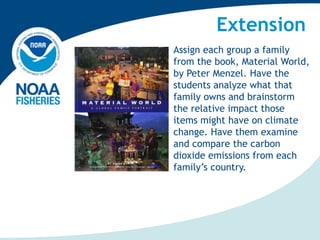 Extension
Assign each group a family
from the book, Material World,
by Peter Menzel. Have the
students analyze what that
family owns and brainstorm
the relative impact those
items might have on climate
change. Have them examine
and compare the carbon
dioxide emissions from each
family’s country.
 