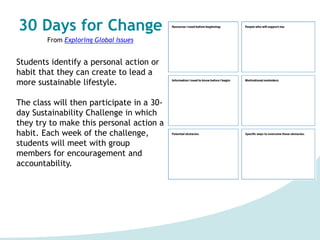30 Days for Change
From Exploring Global Issues
Students identify a personal action or
habit that they can create to lead a
more sustainable lifestyle.
The class will then participate in a 30-
day Sustainability Challenge in which
they try to make this personal action a
habit. Each week of the challenge,
students will meet with group
members for encouragement and
accountability.
 