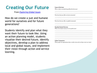 Creating Our Future
From Exploring Global Issues
How do we create a just and humane
world for ourselves and for future
generations?
Students identify and plan what they
want their future to look like. Using
an action planning model, students
visualize their desired future, identify
objectives, develop a plan to address
local and global issues, and implement
their vision through action and service
learning.
 