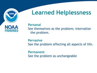 Learned Helplessness
Personal
See themselves as the problem; internalize
the problem.
Pervasive
See the problem affecting all aspects of life.
Permanent
See the problem as unchangeable
 