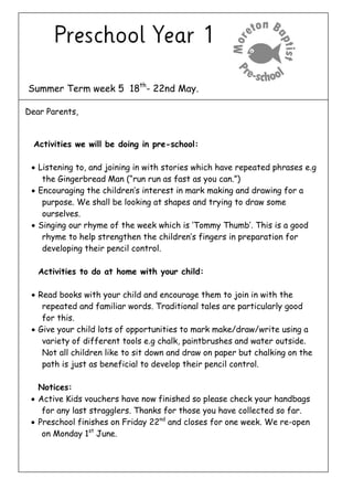 Summer Term week 5 18th
- 22nd May.
Dear Parents,
Activities we will be doing in pre-school:
 Listening to, and joining in with stories which have repeated phrases e.g
the Gingerbread Man (“run run as fast as you can.”)
 Encouraging the children’s interest in mark making and drawing for a
purpose. We shall be looking at shapes and trying to draw some
ourselves.
 Singing our rhyme of the week which is ‘Tommy Thumb’. This is a good
rhyme to help strengthen the children’s fingers in preparation for
developing their pencil control.
Activities to do at home with your child:
 Read books with your child and encourage them to join in with the
repeated and familiar words. Traditional tales are particularly good
for this.
 Give your child lots of opportunities to mark make/draw/write using a
variety of different tools e.g chalk, paintbrushes and water outside.
Not all children like to sit down and draw on paper but chalking on the
path is just as beneficial to develop their pencil control.
Notices:
 Active Kids vouchers have now finished so please check your handbags
for any last stragglers. Thanks for those you have collected so far.
 Preschool finishes on Friday 22nd
and closes for one week. We re-open
on Monday 1st
June.
 