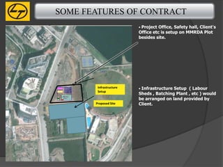 SOME FEATURES OF CONTRACT
                         • Project Office, Safety hall, Client's
                         Office etc is setup on MMRDA Plot
                         besides site.




        Infrastructure   • Infrastructure Setup ( Labour
        Setup
                         Sheds , Batching Plant , etc ) would
                         be arranged on land provided by
       Proposed Site     Client.
 
