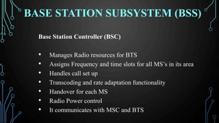 BASE STATION SUBSYSTEM (BSS)
Base Station Controller (BSC)
• Manages Radio resources for BTS
• Assigns Frequency and time slots for all MS’s in its area
• Handles call set up
• Transcoding and rate adaptation functionality
• Handover for each MS
• Radio Power control
• It communicates with MSC and BTS
 