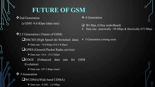 FUTURE OF GSM
2nd Generation
 GSM -9.6 Kbps (data rate)
2.5 Generation ( Future of GSM)
HSCSD (High Speed ckt Switched data)
Data rate : 76.8 Kbps (9.6 x 8 kbps)
GPRS (General Packet Radio service)
Data rate: 14.4 - 115.2 Kbps
EDGE (Enhanced data rate for GSM
Evolution)
Data rate: 547.2 Kbps (max)
 3 Generation
WCDMA(Wide band CDMA)
Data rate : 0.348 – 2.0 Mbps
 4 Generation
 Wi Max (Ultra widwBand)
 Data rate : practically ~50 Mbps & theorically 672 Mbps
 5 Generation coming soon
 