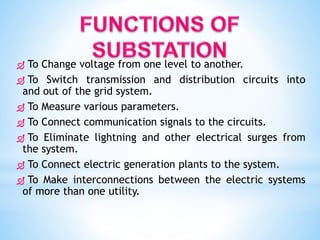  To Change voltage from one level to another.
 To Switch transmission and distribution circuits into
and out of the grid system.
 To Measure various parameters.
 To Connect communication signals to the circuits.
 To Eliminate lightning and other electrical surges from
the system.
 To Connect electric generation plants to the system.
 To Make interconnections between the electric systems
of more than one utility.
 
