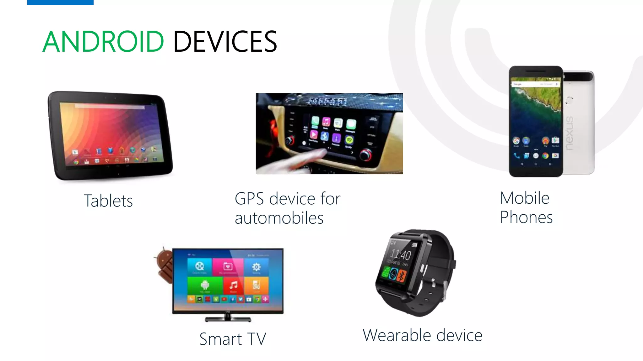 Smart TV Wearable device
ANDROID DEVICES
Tablets Mobile
Phones
GPS device for
automobiles
 