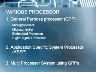 VARIOUS PROCESSOR
1. General Purpose processor (GPP)
   Microprocessor
   Microcontroller
   Embedded Processor
   Digital signal Processor


2. Application Specific System Processor
    (ASSP)

3. Multi Processor System using GPPs
 
