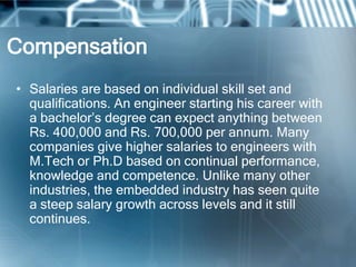 Compensation
• Salaries are based on individual skill set and
  qualifications. An engineer starting his career with
  a bachelor‘s degree can expect anything between
  Rs. 400,000 and Rs. 700,000 per annum. Many
  companies give higher salaries to engineers with
  M.Tech or Ph.D based on continual performance,
  knowledge and competence. Unlike many other
  industries, the embedded industry has seen quite
  a steep salary growth across levels and it still
  continues.
 