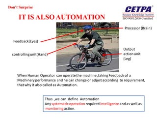 Don’t Surprise

      IT IS ALSO AUTOMATION
                                                                        Processor (Brain)


  Feedback(Eyes)

                                                                       Output
  controlling unit(Hand)                                               action unit
                                                                       (Leg)



     When Human Operator can operate the machine ,taking Feedback of a
     Machinery performance and he can change or adjust according to requirement,
     that why it also called as Automation.


                      Thus ,we can define Automation
                      Any systematic operation required intelligence and as well as
                      monitoring action.
 