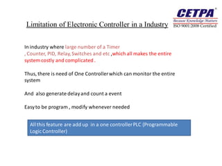 Limitation of Electronic Controller in a Industry

In industry where large number of a Timer
, Counter, PID, Relay, Switches and etc ,which all makes the entire
system costly and complicated .

Thus, there is need of One Controller which can monitor the entire
system

And also generate delay and count a event

Easy to be program , modify whenever needed


  All this feature are add up in a one controller PLC (Programmable
  Logic Controller)
 