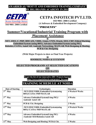 AWARDED AS “BEST IT AND EMBEDDED TRAINING COMPANY”
                 BY BIG BRANDS ACADEMY IN 2011
                          ®
                                         CETPA INFOTECH PVT.LTD.
  Because Knowledge Matters                           ISO 9001: 2008 Certified
                                        (A Software & Embedded Development Company)
  ISO 9001: 2008 Certified
                                        “PRESENTS”
      Summer/Vocational/Industrial Training Program with
                    Placement Assistance
                                                  In
 .NET, J2EE, C, PHP, IBM AIX, VHDL, Linux, UNIX, Oracle, SEO, CRP, Ethical Hacking,
          Embedded System (using 8051), Advance Embedded System (using PIC),
  Robotics, CATIA, AutoCAD, Android, Networking, MATLAB, Web Designing & Hosting,
                                PCB & Ckt. Designing

                     (With Major Projects to show as Final Year Projects)
                                                 At
                              ROORKEE, NOIDA & LUCKNOW

              SELECTED PROGRAMS AT SELECTED LOCATIONS
                                ON
                          SELECTED DATES

                       To get the list of our innovative 200+ Projects logon to
                          http://www.cetpainfotech.com/project_list.aspx

                     TRAINING SCHEDULE AT NOIDA
 Date of Starting                    Technologies                          Duration
 rd
3 May                 .NET/J2EE/VHDL/Embedded System(using                 4 Weeks/6 Weeks
                      8051)/CATIA/ PHP/MATLAB
3rd May               Advance Embedded System(Using PIC)/                  4 Weeks
                      Android/ AutoCAD
3rd May               PCB & Ckt. Designing                                 2 Weeks
17th May              .NET/J2EE/VHDL/Embedded System(using                 4 Weeks/6 Weeks
                      8051)/ CATIA/ PHP/MATLAB

17th May              Advance Embedded System(Using PIC)                   4 Weeks
                      /Android/ SEO/Robotics/AutoCAD

17th May              Web Designing and Hosting/ PCB & Ckt.                2 Weeks
 