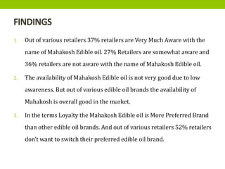 FINDINGS
1. Out of various retailers 37% retailers are Very Much Aware with the
name of Mahakosh Edible oil. 27% Retailers are somewhat aware and
36% retailers are not aware with the name of Mahakosh Edible oil.
2. The availability of Mahakosh Edible oil is not very good due to low
awareness. But out of various edible oil brands the availability of
Mahakosh is overall good in the market.
3. In the terms Loyalty the Mahakosh Edible oil is More Preferred Brand
than other edible oil brands. And out of various retailers 52% retailers
don’t want to switch their preferred edible oil brand.
 