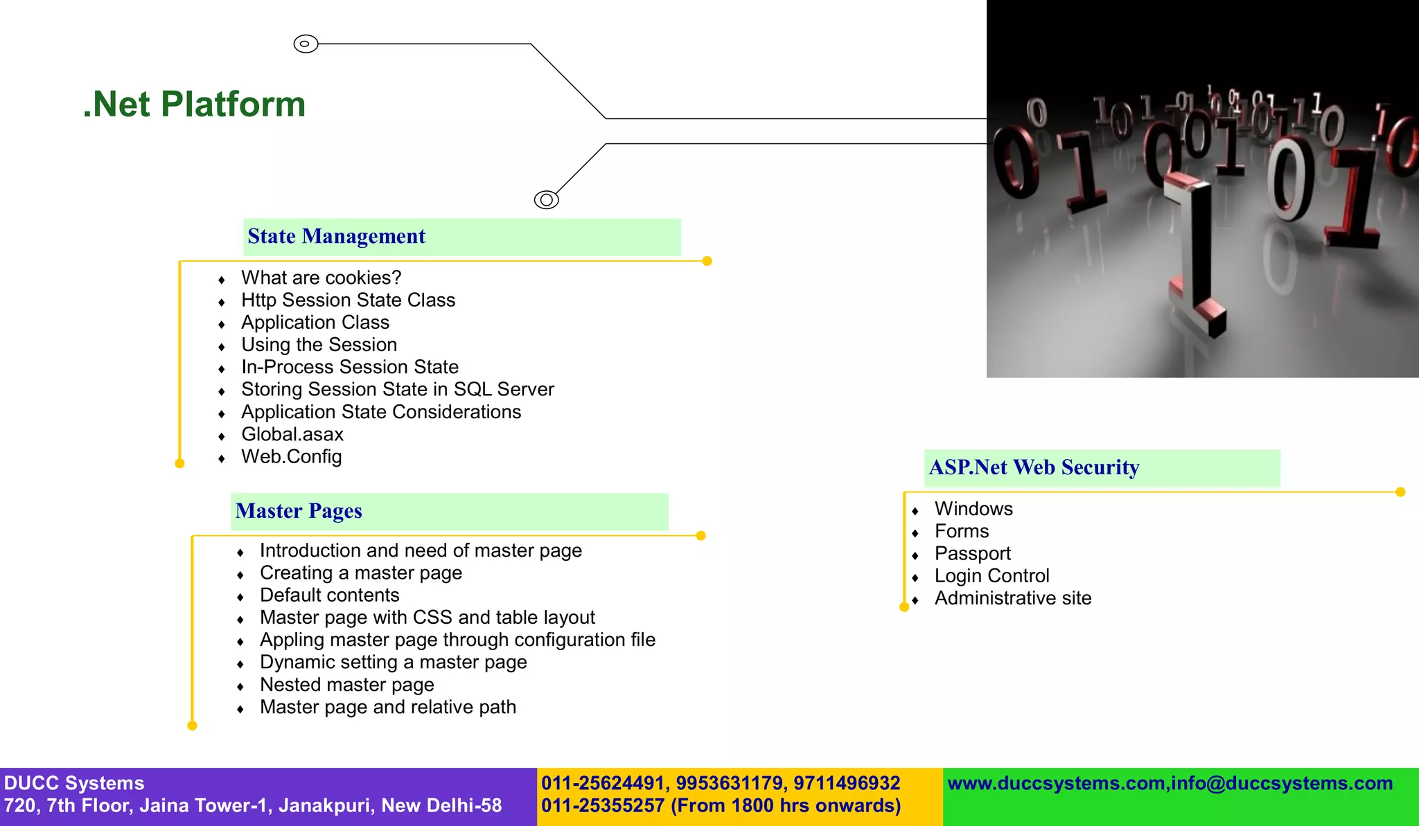 .Net Platform


                               State Management
                          What are cookies?
                          Http Session State Class
                          Application Class
                          Using the Session
                          In-Process Session State
                          Storing Session State in SQL Server
                          Application State Considerations
                          Global.asax
                          Web.Config
                                                                                                           ASP.Net Web Security
                           Master Pages                                                                   Windows
                                                                                                          Forms
                               Introduction and need of master page                                      Passport
                               Creating a master page                                                    Login Control
                               Default contents                                                          Administrative site
                               Master page with CSS and table layout
                               Appling master page through configuration file
                               Dynamic setting a master page
                               Nested master page
                               Master page and relative path


DUCC Systems                                                    011-25624491, 9953631179, 9711496932        www.duccsystems.com,info@duccsystems.com
720, 7th Floor, Jaina Tower-1, Janakpuri, New Delhi-58          011-25355257 (From 1800 hrs onwards)
 