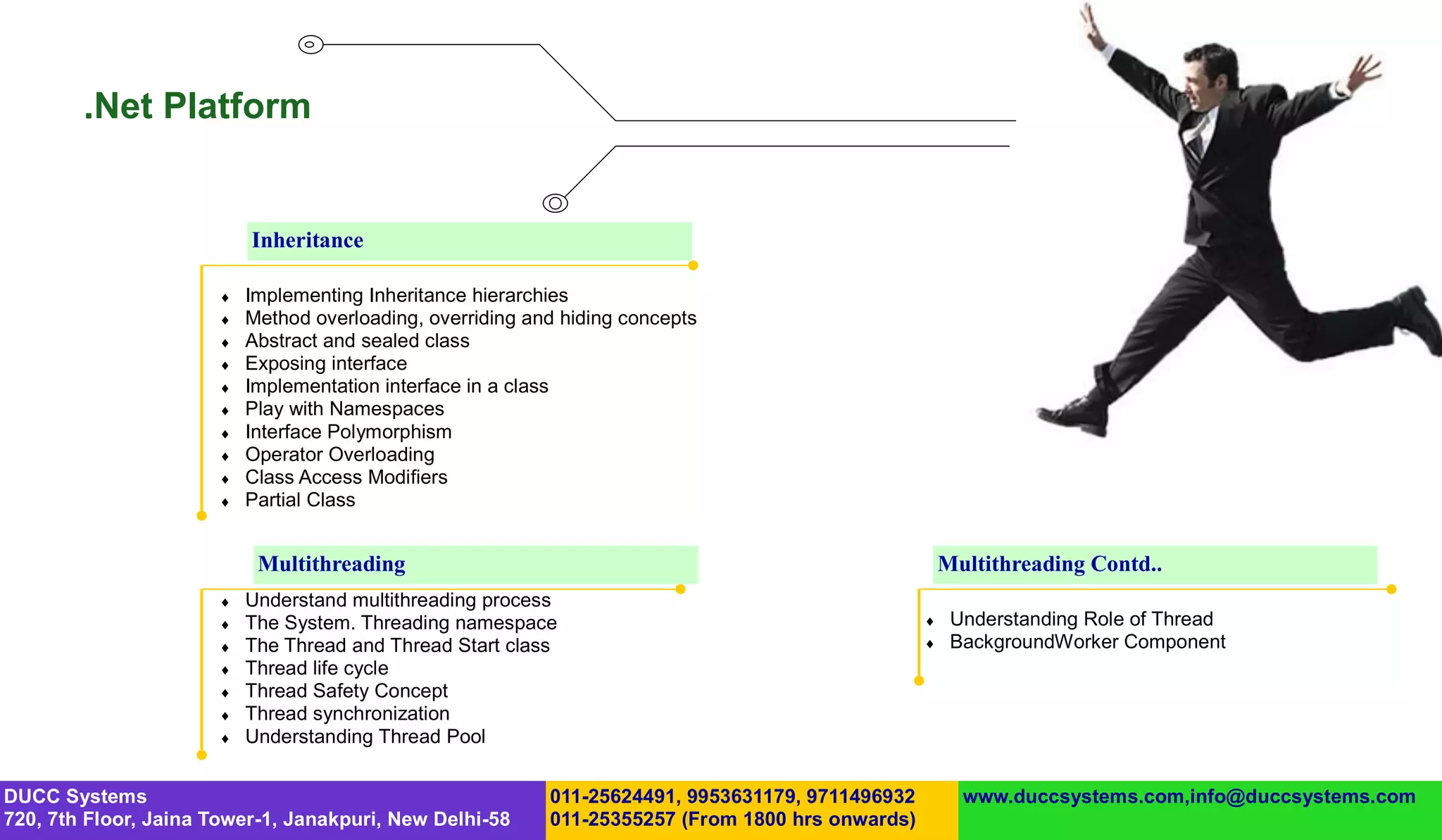.Net Platform


                           Inheritance

                          Implementing Inheritance hierarchies
                          Method overloading, overriding and hiding concepts
                          Abstract and sealed class
                          Exposing interface
                          Implementation interface in a class
                          Play with Namespaces
                          Interface Polymorphism
                          Operator Overloading
                          Class Access Modifiers
                          Partial Class


                            Multithreading                                                             Multithreading Contd..
                          Understand multithreading process
                          The System. Threading namespace                                             Understanding Role of Thread
                          The Thread and Thread Start class                                           BackgroundWorker Component
                          Thread life cycle
                          Thread Safety Concept
                          Thread synchronization
                          Understanding Thread Pool


DUCC Systems                                                011-25624491, 9953631179, 9711496932         www.duccsystems.com,info@duccsystems.com
720, 7th Floor, Jaina Tower-1, Janakpuri, New Delhi-58      011-25355257 (From 1800 hrs onwards)
 