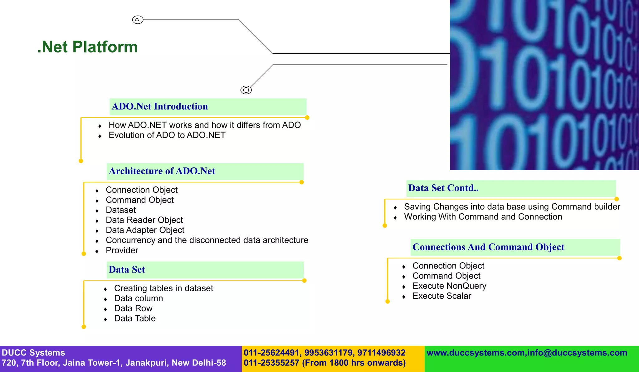 .Net Platform


                               ADO.Net Introduction
                              How ADO.NET works and how it differs from ADO
                              Evolution of ADO to ADO.NET



                               Architecture of ADO.Net
                          Connection Object                                                           Data Set Contd..
                          Command Object
                          Dataset                                                                Saving Changes into data base using Command builder
                          Data Reader Object                                                     Working With Command and Connection
                          Data Adapter Object
                          Concurrency and the disconnected data architecture
                          Provider                                                                    Connections And Command Object

                               Data Set                                                               Connection Object
                                                                                                      Command Object
                               Creating tables in dataset                                            Execute NonQuery
                               Data column                                                           Execute Scalar
                               Data Row
                               Data Table


DUCC Systems                                                  011-25624491, 9953631179, 9711496932         www.duccsystems.com,info@duccsystems.com
720, 7th Floor, Jaina Tower-1, Janakpuri, New Delhi-58        011-25355257 (From 1800 hrs onwards)
 