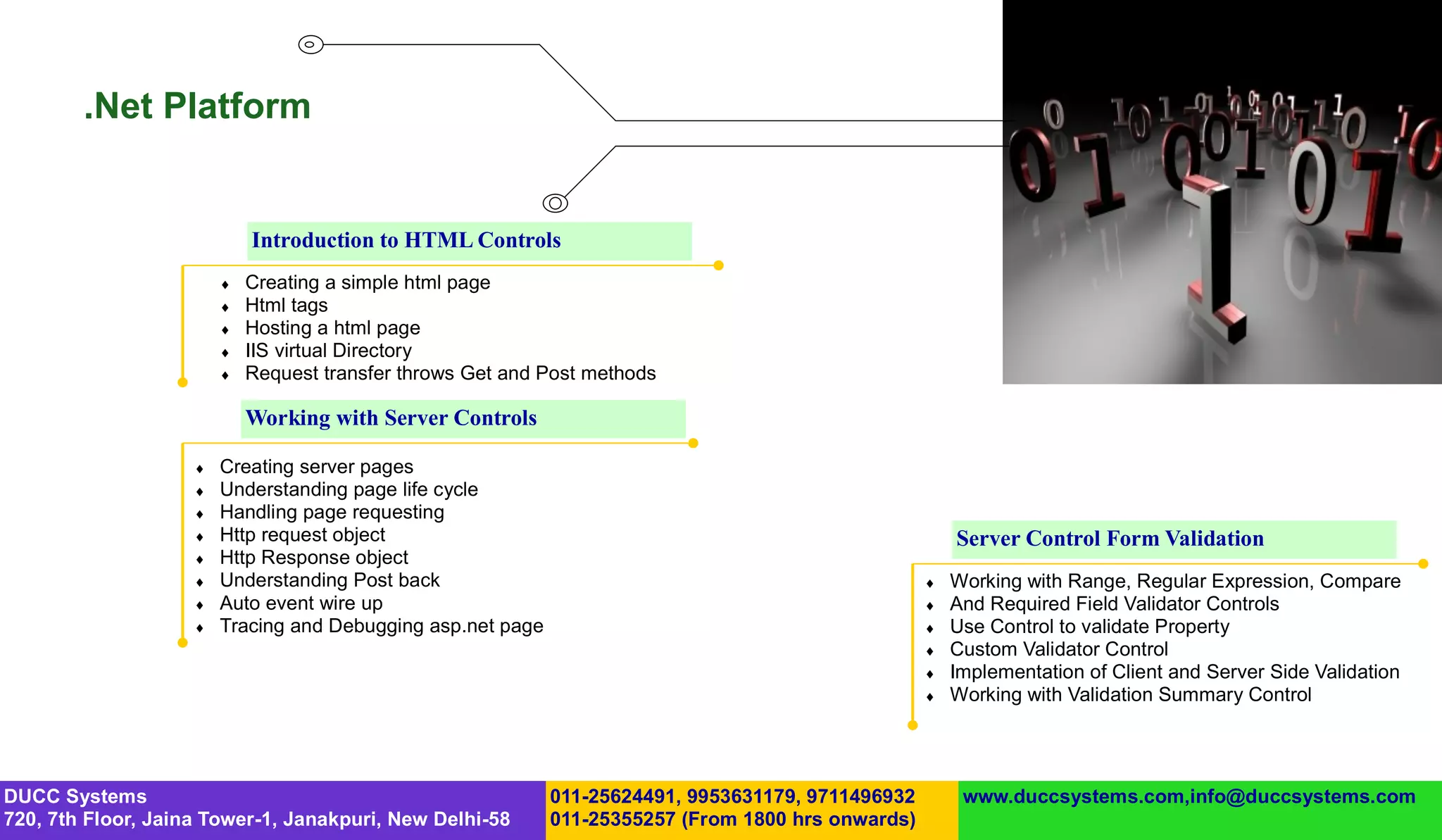 .Net Platform


                            Introduction to HTML Controls
                           Creating a simple html page
                           Html tags
                           Hosting a html page
                           IIS virtual Directory
                           Request transfer throws Get and Post methods

                            Working with Server Controls

                       Creating server pages
                       Understanding page life cycle
                       Handling page requesting
                       Http request object                                                             Server Control Form Validation
                       Http Response object
                       Understanding Post back                                                        Working with Range, Regular Expression, Compare
                       Auto event wire up                                                             And Required Field Validator Controls
                       Tracing and Debugging asp.net page                                             Use Control to validate Property
                                                                                                       Custom Validator Control
                                                                                                       Implementation of Client and Server Side Validation
                                                                                                       Working with Validation Summary Control




DUCC Systems                                                 011-25624491, 9953631179, 9711496932        www.duccsystems.com,info@duccsystems.com
720, 7th Floor, Jaina Tower-1, Janakpuri, New Delhi-58       011-25355257 (From 1800 hrs onwards)
 