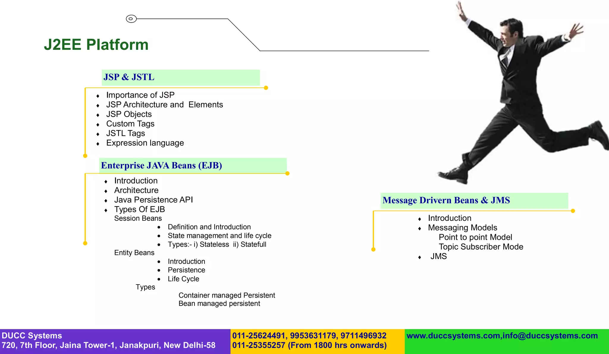 J2EE Platform
                           JSP & JSTL
                           Importance of JSP
                           JSP Architecture and Elements
                           JSP Objects
                           Custom Tags
                           JSTL Tags
                           Expression language

                           Enterprise JAVA Beans (EJB)
                              Introduction
                              Architecture
                              Java Persistence API                                                    Message Drivern Beans & JMS
                              Types Of EJB
                               Session Beans                                                                     Introduction
                                               Definition and Introduction                                      Messaging Models
                                               State management and life cycle                                       Point to point Model
                                               Types:- i) Stateless ii) Statefull                                    Topic Subscriber Mode
                               Entity Beans
                                                                                                                  JMS
                                               Introduction
                                               Persistence
                                               Life Cycle
                                      Types
                                                   Container managed Persistent
                                                   Bean managed persistent



DUCC Systems                                                         011-25624491, 9953631179, 9711496932   www.duccsystems.com,info@duccsystems.com
720, 7th Floor, Jaina Tower-1, Janakpuri, New Delhi-58               011-25355257 (From 1800 hrs onwards)
 