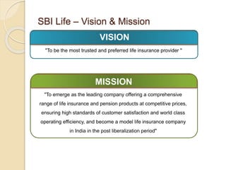 SBI Life – Vision & Mission 
VISION 
"To be the most trusted and preferred life insurance provider " 
MISSION 
"To emerge as the leading company offering a comprehensive 
range of life insurance and pension products at competitive prices, 
ensuring high standards of customer satisfaction and world class 
operating efficiency, and become a model life insurance company 
in India in the post liberalization period" 
 