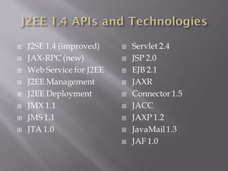    J2SE 1.4 (improved)       Servlet 2.4
   JAX-RPC (new)             JSP 2.0
   Web Service for J2EE      EJB 2.1
   J2EE Management           JAXR
   J2EE Deployment           Connector 1.5
   JMX 1.1                   JACC
   JMS 1.1                   JAXP 1.2
   JTA 1.0                   JavaMail 1.3
                              JAF 1.0
 