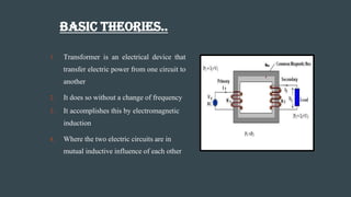 Basic Theories..
7
1. Transformer is an electrical device that
transfer electric power from one circuit to
another
2. It d...