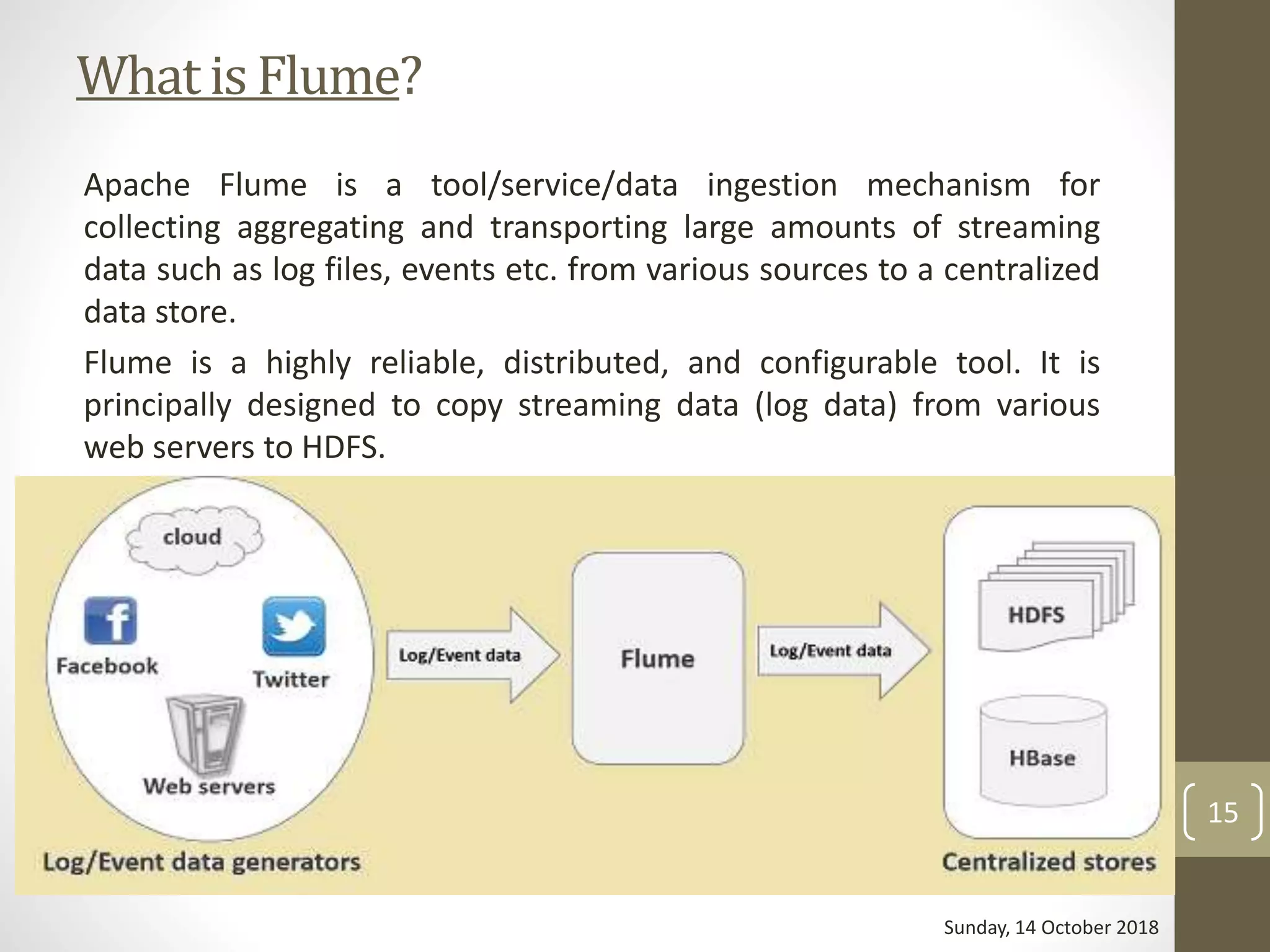 What is Flume?
Apache Flume is a tool/service/data ingestion mechanism for
collecting aggregating and transporting large amounts of streaming
data such as log files, events etc. from various sources to a centralized
data store.
Flume is a highly reliable, distributed, and configurable tool. It is
principally designed to copy streaming data (log data) from various
web servers to HDFS.
Sunday, 14 October 2018
15
 