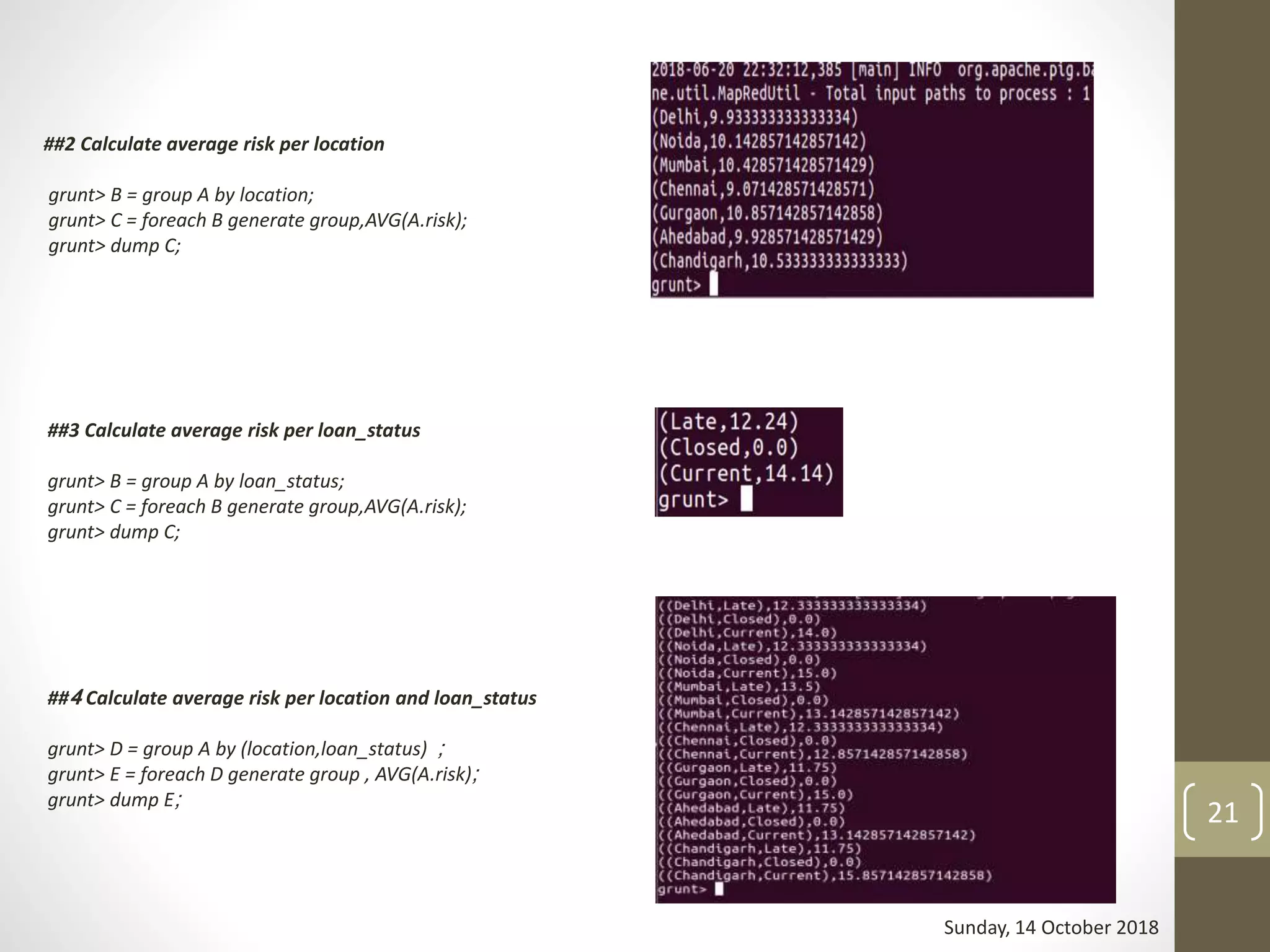##3 Calculate average risk per loan_status
grunt> B = group A by loan_status;
grunt> C = foreach B generate group,AVG(A.risk);
grunt> dump C;
##4 Calculate average risk per location and loan_status
grunt> D = group A by (location,loan_status) ;
grunt> E = foreach D generate group , AVG(A.risk);
grunt> dump E;
Sunday, 14 October 2018
21
##2 Calculate average risk per location
grunt> B = group A by location;
grunt> C = foreach B generate group,AVG(A.risk);
grunt> dump C;
 