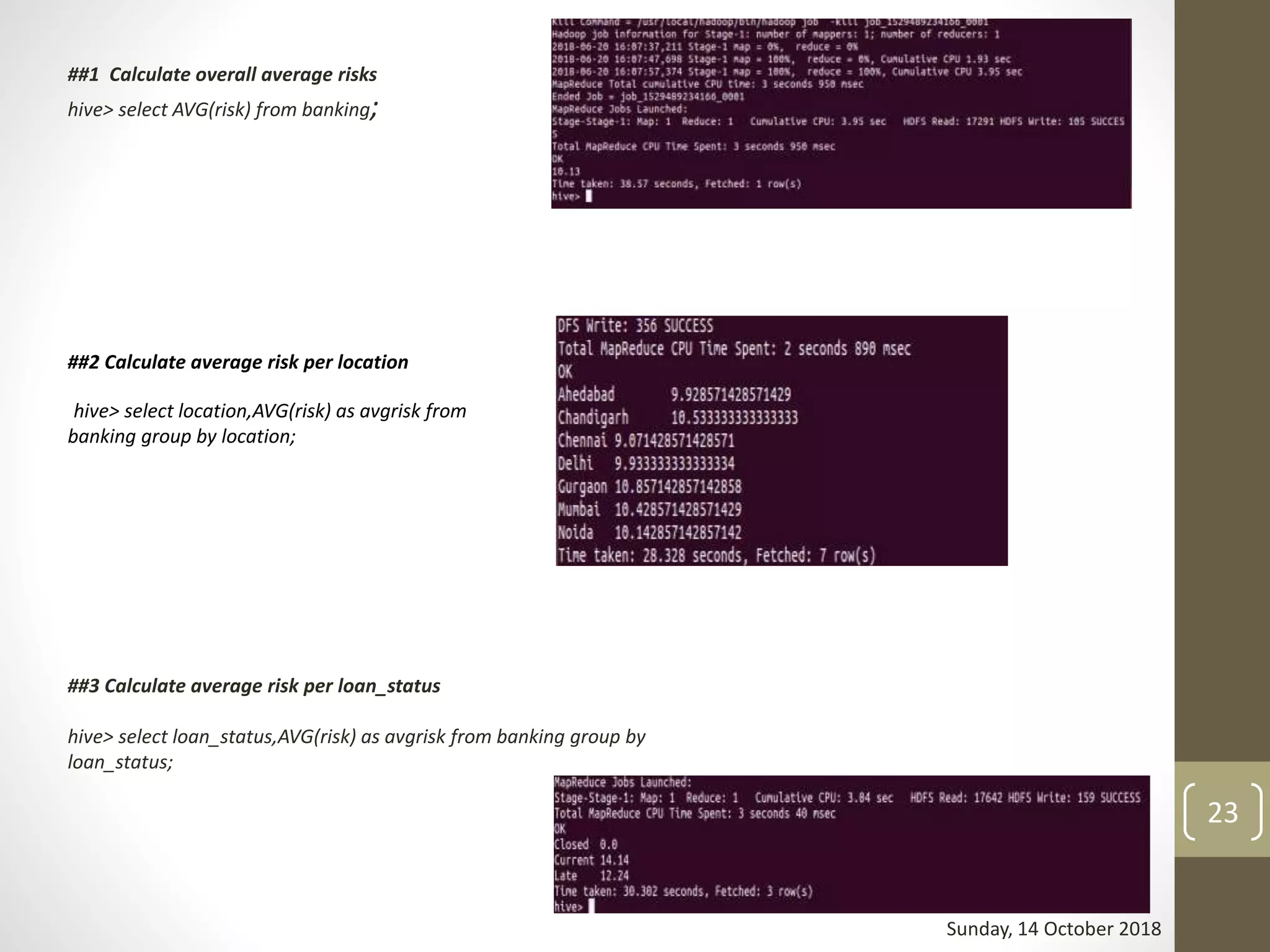 ##1 Calculate overall average risks
hive> select AVG(risk) from banking;
##2 Calculate average risk per location
hive> select location,AVG(risk) as avgrisk from
banking group by location;
##3 Calculate average risk per loan_status
hive> select loan_status,AVG(risk) as avgrisk from banking group by
loan_status;
Sunday, 14 October 2018
23
 