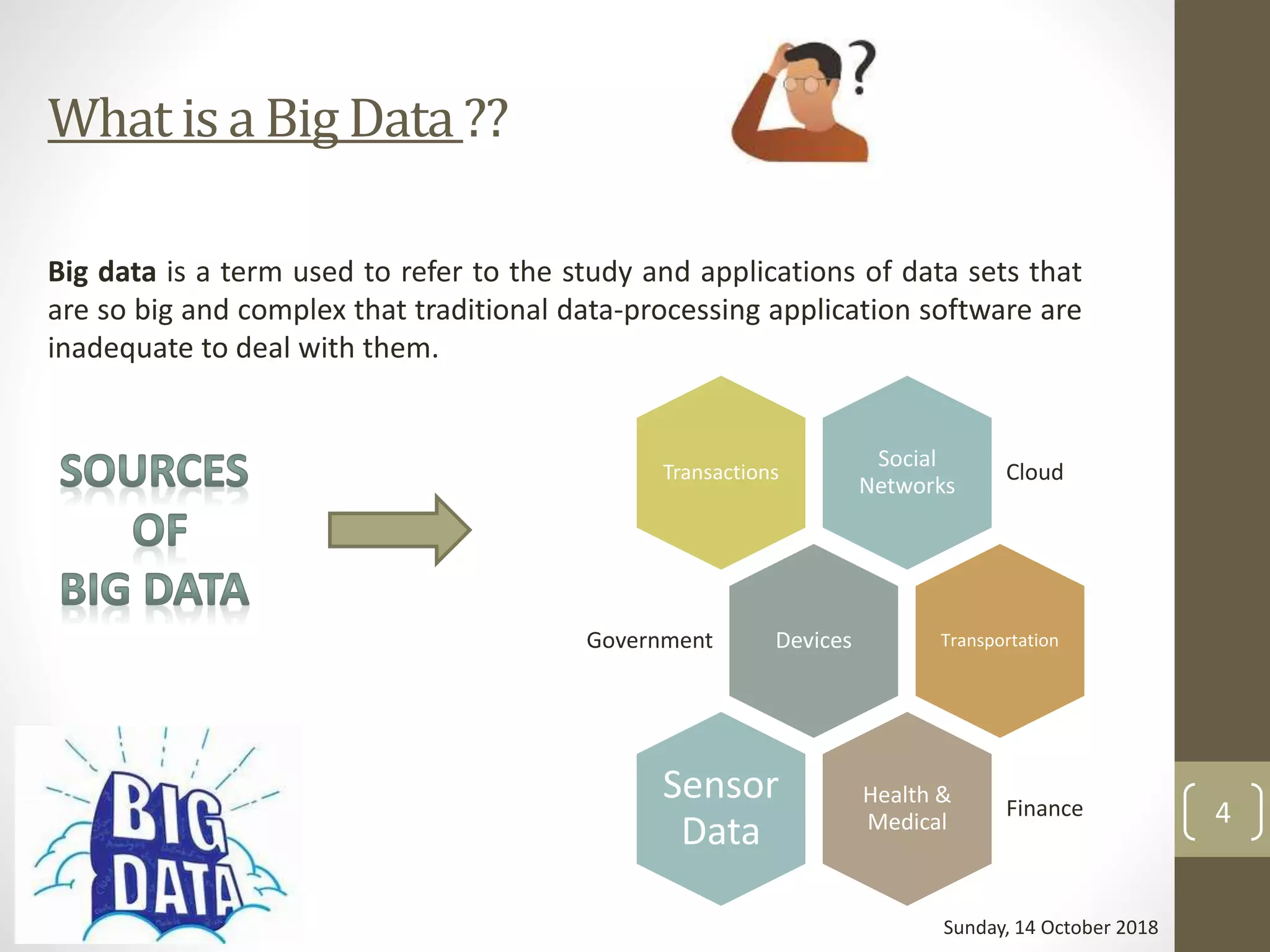 What is a Big Data ??
Big data is a term used to refer to the study and applications of data sets that
are so big and complex that traditional data-processing application software are
inadequate to deal with them.
Social
Networks
CloudTransactions
DevicesGovernment Transportation
Health &
Medical
Finance
Sensor
Data
Sunday, 14 October 2018
4
 