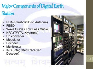 MajorComponentsofDigitalEarth
Station
14
• PDA (Parabolic Dish Antenna)
• FEED
• Wave Guide / Low Loss Cable
• HPA (TWTA, Klystrons)
• Up converter
• Modulator
• Encoder
• Multiplexer
• IRD (Integrated Receiver
Decoder)
 