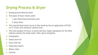 Drying Process & Dryer
 Drying process done by dryer.
 Two types of dryer mainly used=
 1.spin flash dryer(commonly use)
 2.spray dryer
 The concentrated starch slurry is then dried by hot air application (175 0C)
to 11-12 per cent moisture content level.
 The main product of slurry, is starch and four major coproducts for the feed
industry namely the steep water, fiber, germ and gluten.
 Component=
 Induce draf fan
 Force draf fan
 Heater(by steam)
 Rotary valve
 Cyclone
 