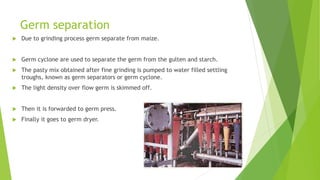 Germ separation
 Due to grinding process germ separate from maize.
 Germ cyclone are used to separate the germ from the gulten and starch.
 The pasty mix obtained after fine grinding is pumped to water filled settling
troughs, known as germ separators or germ cyclone.
 The light density over flow germ is skimmed off.
 Then it is forwarded to germ press.
 Finally it goes to germ dryer.
 