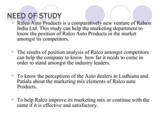  Ralco Auto Products is a comparatively new venture of Ralson
India Ltd. This study can help the marketing department to
know the position of Ralco Auto Products in the market
amongst its competitors.
 The results of position analysis of Ralco amongst competitors
can help the company to know how far it needs to come in
order to stand amongst the industry leaders.
 To know the perceptions of the Auto dealers in Ludhiana and
Patiala about the marketing mix elements of Ralco auto
Products.
 To help Ralco improve its marketing mix or continue with the
same if it is effective and satisfactory.
 