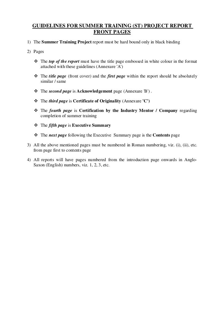 summer training project guidelines title pages for reports