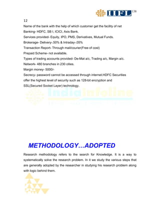 138

12
Name of the bank with the help of which customer get the facility of net
Banking- HDFC, SB I, ICICI, Axis Bank.
Services provided- Equity, IPO, PMS, Derivatives, Mutual Funds.
Brokerage- Delivery-.50% & Intraday-.05%
Transaction Report- Through mail/courier(Free of cost)
Prepaid Scheme- not available.
Types of trading accounts provided- De-Mat a/c, Trading a/c, Margin a/c.
Network- 480 branches in 230 cities.
Margin money- 5000/-
Secrecy- password cannot be accessed through internet.HDFC Securities
offer the highest level of security such as 128-bit encryption and
SSL(Secured Socket Layer) technology.




     METHODOLOGY…ADOPTED
Research methodology refers to the search for Knowledge. It is a way to
systematically solve the research problem. In it we study the various steps that
are generally adopted by the researcher in studying his research problem along
with logic behind them.
 