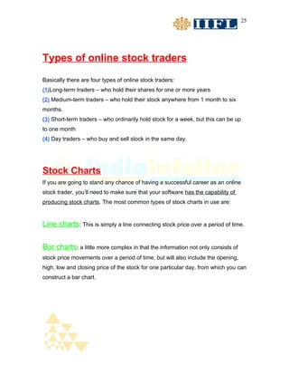 25




Types of online stock traders
Basically there are four types of online stock traders:
(1)Long-term traders – who hold their shares for one or more years
(2) Medium-term traders – who hold their stock anywhere from 1 month to six
months.
(3) Short-term traders – who ordinarily hold stock for a week, but this can be up
to one month
(4) Day traders – who buy and sell stock in the same day.




Stock Charts
If you are going to stand any chance of having a successful career as an online
stock trader, you’ll need to make sure that your software has the capability of
producing stock charts. The most common types of stock charts in use are:


Line charts: This is simply a line connecting stock price over a period of time.


Bar charts: a little more complex in that the information not only consists of
stock price movements over a period of time, but will also include the opening,
high, low and closing price of the stock for one particular day, from which you can
construct a bar chart.
 