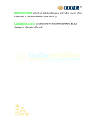 26


Reference chart: which track both the stock price and trading volume, which
is then used to plot where the stock price should go.


Candlestick charts: uses the same information that bar charts do, but
displays the information differently.
 