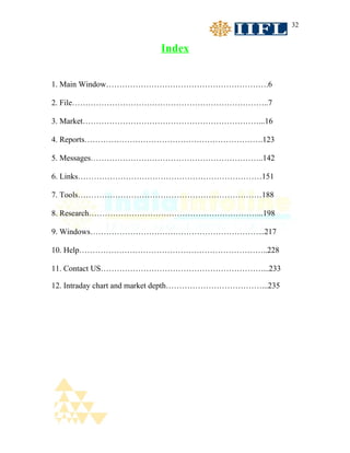 32


                         Index


1. Main Window…………………………………………………….6

2. File………………………………………………………………..7

3. Market…………………………………………………………...16

4. Reports………………………………………………………….123

5. Messages………………………………………………………..142

6. Links……………………………………………………………151

7. Tools……………………………………………………………188

8. Research………………………………………………………...198

9. Windows………………………………………………………...217

10. Help……………………………………………………………..228

11. Contact US……………………………………………………....233

12. Intraday chart and market depth………………………………...235
 