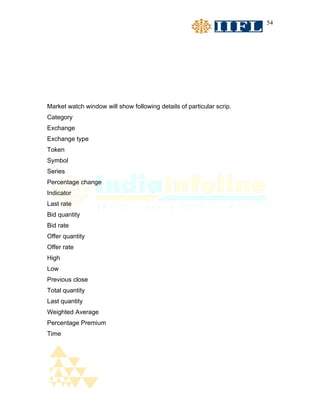 54




Market watch window will show following details of particular scrip.
Category
Exchange
Exchange type
Token
Symbol
Series
Percentage change
Indicator
Last rate
Bid quantity
Bid rate
Offer quantity
Offer rate
High
Low
Previous close
Total quantity
Last quantity
Weighted Average
Percentage Premium
Time
 