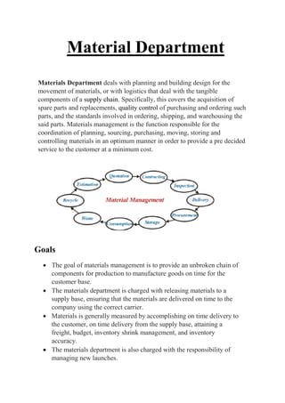 Material Department
Materials Department deals with planning and building design for the
movement of materials, or with logistics that deal with the tangible
components of a supply chain. Specifically, this covers the acquisition of
spare parts and replacements, quality control of purchasing and ordering such
parts, and the standards involved in ordering, shipping, and warehousing the
said parts. Materials management is the function responsible for the
coordination of planning, sourcing, purchasing, moving, storing and
controlling materials in an optimum manner in order to provide a pre decided
service to the customer at a minimum cost.
Goals
 The goal of materials management is to provide an unbroken chain of
components for production to manufacture goods on time for the
customer base.
 The materials department is charged with releasing materials to a
supply base, ensuring that the materials are delivered on time to the
company using the correct carrier.
 Materials is generally measured by accomplishing on time delivery to
the customer, on time delivery from the supply base, attaining a
freight, budget, inventory shrink management, and inventory
accuracy.
 The materials department is also charged with the responsibility of
managing new launches.
 