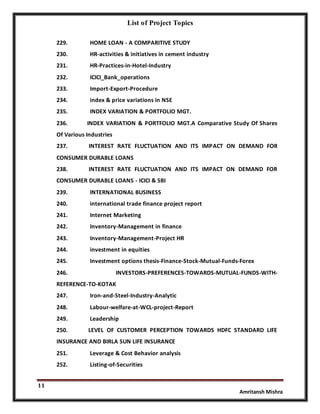 List of Project Topics
11
Amritansh Mishra
229. HOME LOAN - A COMPARITIVE STUDY
230. HR-activities & initiatives in cement industry
231. HR-Practices-in-Hotel-Industry
232. ICICI_Bank_operations
233. Import-Export-Procedure
234. index & price variations in NSE
235. INDEX VARIATION & PORTFOLIO MGT.
236. INDEX VARIATION & PORTFOLIO MGT.A Comparative Study Of Shares
Of Various Industries
237. INTEREST RATE FLUCTUATION AND ITS IMPACT ON DEMAND FOR
CONSUMER DURABLE LOANS
238. INTEREST RATE FLUCTUATION AND ITS IMPACT ON DEMAND FOR
CONSUMER DURABLE LOANS - ICICI & SBI
239. INTERNATIONAL BUSINESS
240. international trade finance project report
241. Internet Marketing
242. Inventory-Management in finance
243. Inventory-Management-Project HR
244. investment in equities
245. Investment options thesis-Finance-Stock-Mutual-Funds-Forex
246. INVESTORS-PREFERENCES-TOWARDS-MUTUAL-FUNDS-WITH-
REFERENCE-TO-KOTAK
247. Iron-and-Steel-Industry-Analytic
248. Labour-welfare-at-WCL-project-Report
249. Leadership
250. LEVEL OF CUSTOMER PERCEPTION TOWARDS HDFC STANDARD LIFE
INSURANCE AND BIRLA SUN LIFE INSURANCE
251. Leverage & Cost Behavior analysis
252. Listing-of-Securities
 
