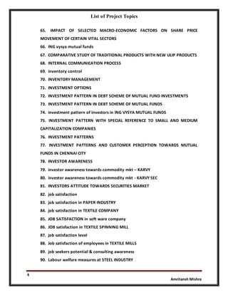 List of Project Topics
4
Amritansh Mishra
65. IMPACT OF SELECTED MACRO-ECONOMIC FACTORS ON SHARE PRICE
MOVEMENT OF CERTAIN VITAL SECTORS
66. ING vysya mutual funds
67. COMPARATIVE STUDY OF TRADITIONAL PRODUCTS WITH NEW ULIP PRODUCTS
68. INTERNAL COMMUNICATION PROCESS
69. inventory control
70. INVENTORY MANAGEMENT
71. INVESTMENT OPTIONS
72. INVESTMENT PATTERN IN DEBT SCHEME OF MUTUAL FUND INVESTMENTS
73. INVESTMENT PATTERN IN DEBT SCHEME OF MUTUAL FUNDS
74. investment pattern of investors in ING VYSYA MUTUAL FUNDS
75. INVESTMENT PATTERN WITH SPECIAL REFERENCE TO SMALL AND MEDIUM
CAPITALIZATION COMPANIES
76. INVESTMENT PATTERNS
77. INVESTMENT PATTERNS AND CUSTOMER PERCEPTION TOWARDS MUTUAL
FUNDS IN CHENNAI CITY
78. INVESTOR AWARENESS
79. investor awareness towards commodity mkt – KARVY
80. investor awareness towards commodity mkt - KARVY SEC
81. INVESTORS ATTITUDE TOWARDS SECURITIES MARKET
82. job satisfaction
83. job satisfaction in PAPER INDUSTRY
84. job satisfaction in TEXTILE COMPANY
85. JOB SATISFACTION in soft ware company
86. JOB satisfaction in TEXTILE SPINNING MILL
87. job satisfaction level
88. Job satisfaction of employees in TEXTILE MILLS
89. job seekers potential & consulting awareness
90. Labour welfare measures at STEEL INDUSTRY
 